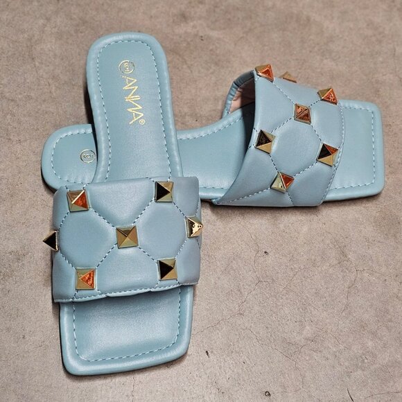 Shoes - Quilted Sky Blue Slide Sandals With Gold Studs Square Toe Casual Flat Design For